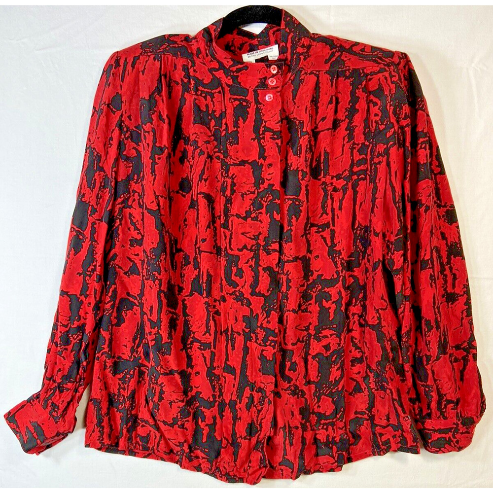 Vintage British Crown Colony Silk Blouse Size 10 Geometric Secretary Office 80s